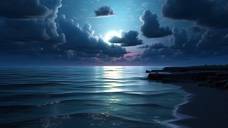 A dreamlike and surreal wallpaper featuring the ocean illuminated by moonlight. The light silver and dark cyan colors create a whimsical dreamscape that will transport you to a magical world. Perfect for those who love night photography and spectacular backdrops.の素材