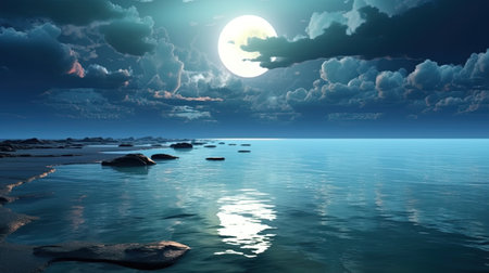A dreamlike and surreal wallpaper featuring the ocean illuminated by moonlight. The light silver and dark cyan colors create a whimsical dreamscape that will transport you to a magical world. Perfect for those who love night photography and spectacular backdrops.の素材