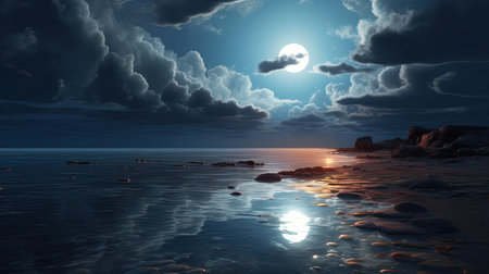 A dreamlike and surreal wallpaper featuring the ocean illuminated by moonlight. The light silver and dark cyan colors create a whimsical dreamscape that will transport you to a magical world. Perfect for those who love night photography and spectacular backdrops.の素材