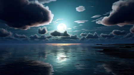 A dreamlike and surreal wallpaper featuring the ocean illuminated by moonlight. The light silver and dark cyan colors create a whimsical dreamscape that will transport you to a magical world. Perfect for those who love night photography and spectacular backdrops.の素材