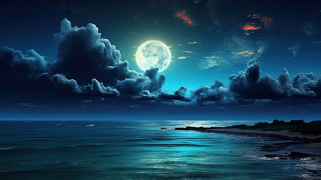 A dreamlike and surreal wallpaper featuring the ocean illuminated by moonlight. The light silver and dark cyan colors create a whimsical dreamscape that will transport you to a magical world. Perfect for those who love night photography and spectacular backdrops.の素材
