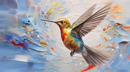 A colorful acrylic painting of a hummingbird, created in a unique style that incorporates video glitches and meticulous design elements. This stunning artwork captures the grace and beauty of the hummingbird, while also incorporating a modern, digital aesthetic.の素材