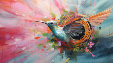 A colorful acrylic painting of a hummingbird, created in a unique style that incorporates video glitches and meticulous design elements. This stunning artwork captures the grace and beauty of the hummingbird, while also incorporating a modern, digital aesthetic.の素材