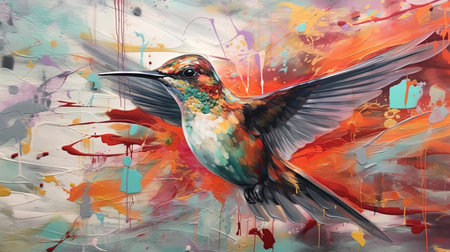 A colorful acrylic painting of a hummingbird, created in a unique style that incorporates video glitches and meticulous design elements. This stunning artwork captures the grace and beauty of the hummingbird, while also incorporating a modern, digital aesthetic.の素材