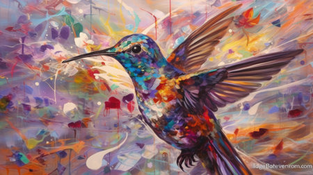 A colorful acrylic painting of a hummingbird, created in a unique style that incorporates video glitches and meticulous design elements. This stunning artwork captures the grace and beauty of the hummingbird, while also incorporating a modern, digital aesthetic.の素材