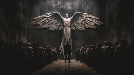 The Angel of metallic Light stands before us, a beacon of hope and inspiration in the midst of darkness. With wings outstretched and a powerful gaze, the Angel reminds us to never give up and to always believe in ourselves, no matter how challenging the journey may beの素材