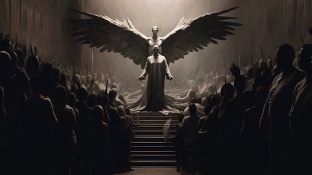 The Angel of metallic Light stands before us, a beacon of hope and inspiration in the midst of darkness. With wings outstretched and a powerful gaze, the Angel reminds us to never give up and to always believe in ourselves, no matter how challenging the journey may beの素材