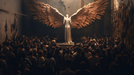 The Angel of metallic Light stands before us, a beacon of hope and inspiration in the midst of darkness. With wings outstretched and a powerful gaze, the Angel reminds us to never give up and to always believe in ourselves, no matter how challenging the journey may beの素材