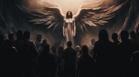 The Angel of metallic Light stands before us, a beacon of hope and inspiration in the midst of darkness. With wings outstretched and a powerful gaze, the Angel reminds us to never give up and to always believe in ourselves, no matter how challenging the journey may beの素材