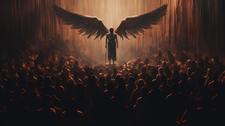 The Angel of metallic Light stands before us, a beacon of hope and inspiration in the midst of darkness. With wings outstretched and a powerful gaze, the Angel reminds us to never give up and to always believe in ourselves, no matter how challenging the journey may beの素材