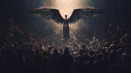 The Angel of metallic Light stands before us, a beacon of hope and inspiration in the midst of darkness. With wings outstretched and a powerful gaze, the Angel reminds us to never give up and to always believe in ourselves, no matter how challenging the journey may beの素材