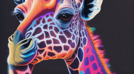 This stunning digital image features a giraffe painted in pastel colors on a dark background. The pop art brightness and multilayered dimensions make it a bold and eye-catching piece. The use of light silver and dark pink hues, along with petcore and screen printing techniques, create a unique aesthetic. The bold color blends of light orange and dark blue add to the overall vibrancy of the image.の素材