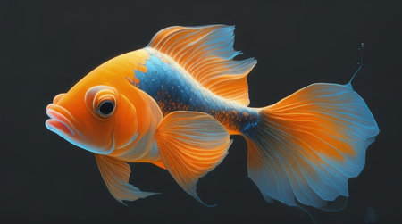 A beautiful digital painting of a goldfish in pastel colors on a dark background. The painting is done in a pop art style with bold color blends and multilayered dimensions. The bright oranges and dark blues create a stunning contrast that draws the eye in. This piece is perfect for any pet lover or art enthusiast.の素材
