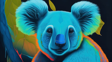 This vibrant digital image features a cute koala in pastel colors painting on a dark background. The image is created in the style of light blue and dark green with pop art brightness, multilayered dimensions, bold color blends, and petcore. The screen printing technique adds depth and texture to this unique artwork. The light orange and dark blue accents add a playful touch to this fun and whimsical koala painting.の素材