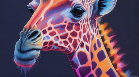 This stunning digital image features a giraffe painted in pastel colors on a dark background. The pop art brightness and multilayered dimensions make it a bold and eye-catching piece. The use of light silver and dark pink hues, along with petcore and screen printing techniques, create a unique aesthetic. The bold color blends of light orange and dark blue add to the overall vibrancy of the image.の素材