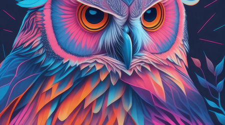 This stunning digital image features an owl in pastel colors painted on a dark background. The pop art brightness and multilayered dimensions add depth to the image, while bold color blends make it stand out. The petcore style and screen printing technique give the image a unique texture, with light orange and dark blue colors adding contrast and interest.の素材
