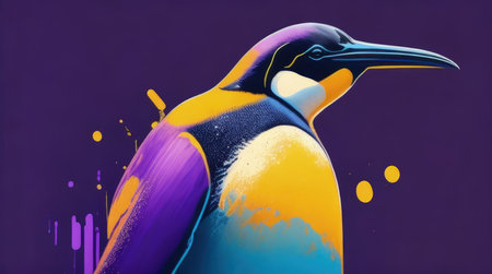 This digital image features a penguin painted in pastel colors against a dark background. The style is reminiscent of pop art with bold color blends and multilayered dimensions. The color scheme features light gold, dark violet, light orange and dark blue. Perfect for adding a touch of whimsy to any space!の素材
