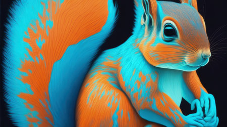 This stunning digital image features a squirrel in pastel colors painting on a dark background, in the style of light azure blue and dark orange. The pop art brightness and multilayered dimensions create a bold and eye-catching effect, while the petcore and screen printing techniques add texture. The light orange and dark blue color blends add depth and contrast to this unique and creative piece.の素材