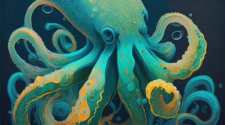 A bright and bold octopus painting in pastel colors on a dark background. This multilayered artwork features bold color blends in the style of light cyan and dark green, with a pop art brightness that is sure to catch the eye. The petcore design adds to the fun and playful vibe, while the screen printing technique creates a unique and textured finish.の素材