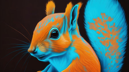 This stunning digital image features a squirrel in pastel colors painting on a dark background, in the style of light azure blue and dark orange. The pop art brightness and multilayered dimensions create a bold and eye-catching effect, while the petcore and screen printing techniques add texture. The light orange and dark blue color blends add depth and contrast to this unique and creative piece.の素材