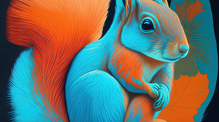 This stunning digital image features a squirrel in pastel colors painting on a dark background, in the style of light azure blue and dark orange. The pop art brightness and multilayered dimensions create a bold and eye-catching effect, while the petcore and screen printing techniques add texture. The light orange and dark blue color blends add depth and contrast to this unique and creative piece.の素材