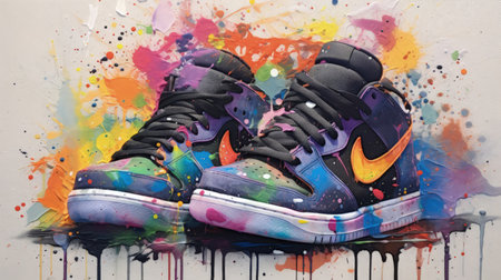 A stunning digital image capturing the essence of hip hop culture through an abstract painting of sneakers on a white canvas. The intricate brushstrokes and vivid colors create a dynamic visual that is both modern and timeless.の素材