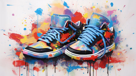 A stunning digital image capturing the essence of hip hop culture through an abstract painting of sneakers on a white canvas. The intricate brushstrokes and vivid colors create a dynamic visual that is both modern and timeless.の素材