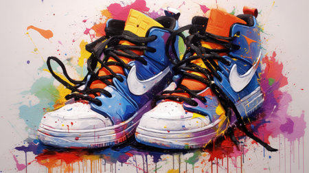 A stunning digital image capturing the essence of hip hop culture through an abstract painting of sneakers on a white canvas. The intricate brushstrokes and vivid colors create a dynamic visual that is both modern and timeless.の素材
