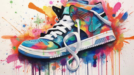 A stunning digital image capturing the essence of hip hop culture through an abstract painting of sneakers on a white canvas. The intricate brushstrokes and vivid colors create a dynamic visual that is both modern and timeless.の素材