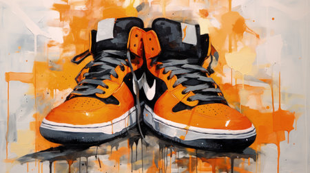 A stunning digital image capturing the essence of hip hop culture through an abstract painting of sneakers on a white canvas. The intricate brushstrokes and vivid colors create a dynamic visual that is both modern and timeless.の素材