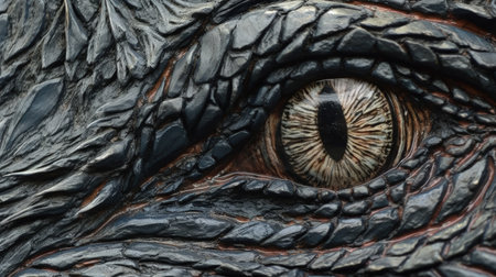 This intricately textured chalk art of a dragon's eye in high-contrast shading is truly eye-catching. Get lost in the details as you gaze into the close-up of the dragon's eye.の素材