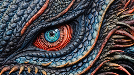 This intricately textured chalk art of a dragon's eye in high-contrast shading is truly eye-catching. Get lost in the details as you gaze into the close-up of the dragon's eye.の素材
