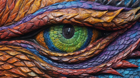 This intricately textured chalk art of a dragon's eye in high-contrast shading is truly eye-catching. Get lost in the details as you gaze into the close-up of the dragon's eye.の素材