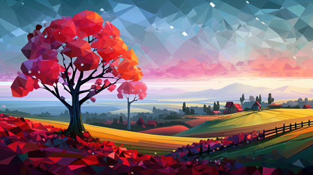 A charming and idyllic rural scene is transformed into a stunning abstract landscape in this digital image. Multifaceted angles create a cubist effect, while the use of dark cyan and amber hues add depth and warmth. Perfect for adding a pop of color to any space.の素材