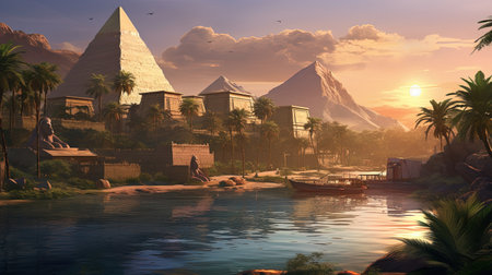 A secluded city oasis in the style of ancient Egypt, with towering buildings and palm trees. The floating structures give the city an otherworldly air, while the eerily realistic historical reproductions set the scene for a kingcore adventure. This matte painting captures the beauty and mystique of a long-lost civilizationの素材