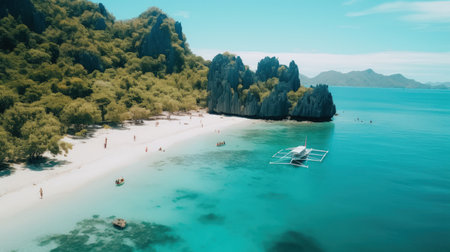 Escape to a paradise of crystal clear waters and white sandy beaches with our digital image. The nature-inspired motifs and colorful animation stills will transport you to a world of adventure and relaxation. The rough clusters and sfumato techniques add depth and texture to the image.の素材