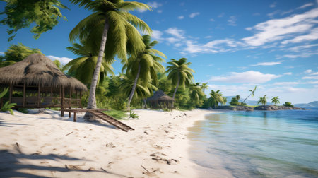 Escape to a paradise of crystal clear waters and white sandy beaches with our digital image. The nature-inspired motifs and colorful animation stills will transport you to a world of adventure and relaxation. The rough clusters and sfumato techniques add depth and texture to the image.の素材