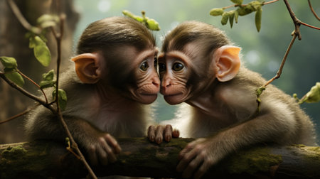 A heartwarming image of two macaque babies hugging each other tightly in the middle of a forest, capturing the essence of love and companionship in the animal kingdom. The complexity of nature is highlighted through the intricate details of the forest, while the macaques' emotive faces and exaggerated poses add a touch of elegance and nobility to the image. This image is a perfect example of algeapunk art, showcasing the beauty of photo-realistic hyperboleの素材