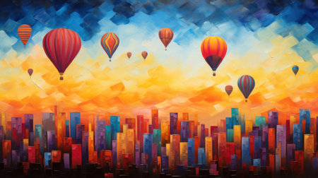 A beautiful and vibrant depiction of hot air balloons soaring high above a stunning landscape. The pointillist dot painting style adds a unique touch to this colorful image, making it a perfect addition to any art collection or as a vibrant stage backdrop.の素材