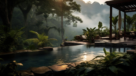 A stunning image of a resort pool nestled in the heart of the Balinese jungle. The misty atmosphere creates an ethereal feeling, while the earthy tones and bold traditional design of the cottages add a touch of rustic charm. Surrounded by mountainous vistas, this is the ultimate escape into nature.の素材