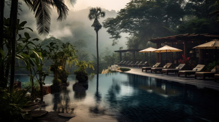 A stunning image of a resort pool nestled in the heart of the Balinese jungle. The misty atmosphere creates an ethereal feeling, while the earthy tones and bold traditional design of the cottages add a touch of rustic charm. Surrounded by mountainous vistas, this is the ultimate escape into nature.の素材