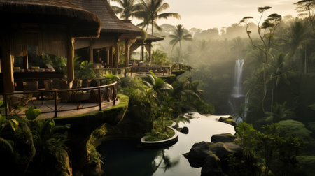 A stunning image of a resort pool nestled in the heart of the Balinese jungle. The misty atmosphere creates an ethereal feeling, while the earthy tones and bold traditional design of the cottages add a touch of rustic charm. Surrounded by mountainous vistas, this is the ultimate escape into nature.の素材