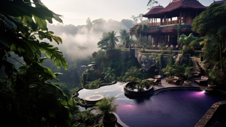 A stunning image of a resort pool nestled in the heart of the Balinese jungle. The misty atmosphere creates an ethereal feeling, while the earthy tones and bold traditional design of the cottages add a touch of rustic charm. Surrounded by mountainous vistas, this is the ultimate escape into nature.の素材