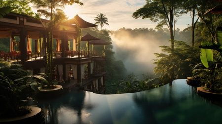 A stunning image of a resort pool nestled in the heart of the Balinese jungle. The misty atmosphere creates an ethereal feeling, while the earthy tones and bold traditional design of the cottages add a touch of rustic charm. Surrounded by mountainous vistas, this is the ultimate escape into nature.の素材
