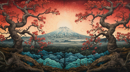 A beautiful Japanese art print depicting a mountain and tree in the midst of autumn. The use of traditional Japanese artistic techniques with an Eastern and Western fusion creates a stunning piece of art. The light gray and dark bronze color scheme adds to the peaceful and calming effect of the image.の素材
