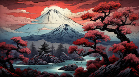 A beautiful Japanese art print depicting a mountain and tree in the midst of autumn. The use of traditional Japanese artistic techniques with an Eastern and Western fusion creates a stunning piece of art. The light gray and dark bronze color scheme adds to the peaceful and calming effect of the image.の素材