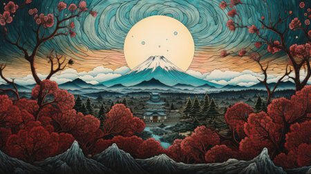 A beautiful Japanese art print depicting a mountain and tree in the midst of autumn. The use of traditional Japanese artistic techniques with an Eastern and Western fusion creates a stunning piece of art. The light gray and dark bronze color scheme adds to the peaceful and calming effect of the image.の素材