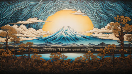 A beautiful Japanese art print depicting a mountain and tree in the midst of autumn. The use of traditional Japanese artistic techniques with an Eastern and Western fusion creates a stunning piece of art. The light gray and dark bronze color scheme adds to the peaceful and calming effect of the image.の素材