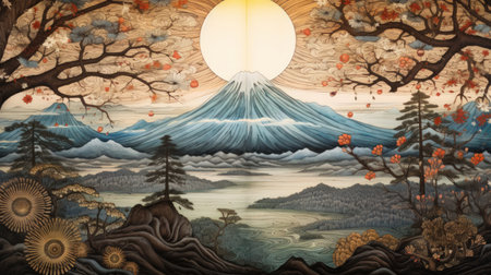 A beautiful Japanese art print depicting a mountain and tree in the midst of autumn. The use of traditional Japanese artistic techniques with an Eastern and Western fusion creates a stunning piece of art. The light gray and dark bronze color scheme adds to the peaceful and calming effect of the image.の素材