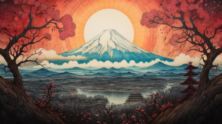 A beautiful Japanese art print depicting a mountain and tree in the midst of autumn. The use of traditional Japanese artistic techniques with an Eastern and Western fusion creates a stunning piece of art. The light gray and dark bronze color scheme adds to the peaceful and calming effect of the image.の素材